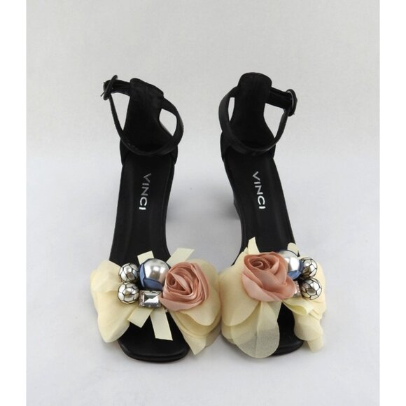 VINCI Black Leather Floral Embellished Ankle Strap Loop Heel Sandal Size 35 Turk - Picture 2 of 16